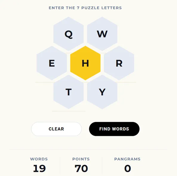Spelling bee solver results list showing matching words grouped by length