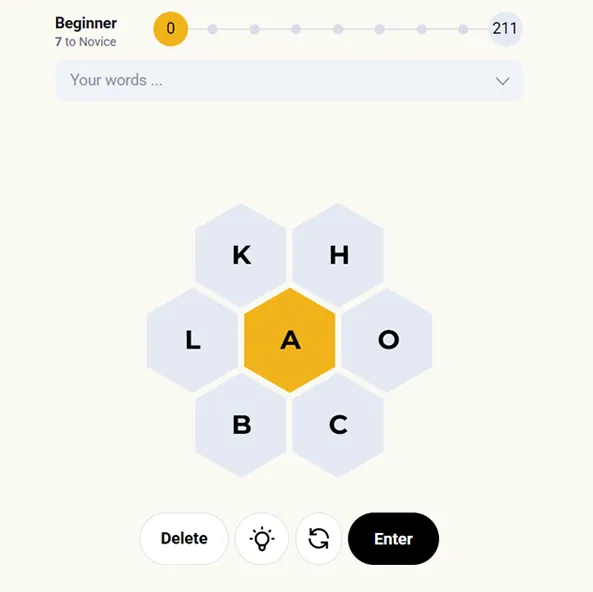 Spelling bee game honeycomb showing 7 letters with center letter highlighted