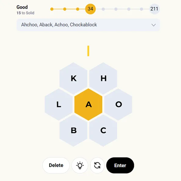 Spelling bee word list showing found words and current score progress