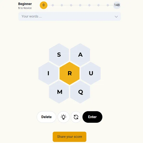 Spelling bee unlimited honeycomb showing 7 letters with center letter highlighted