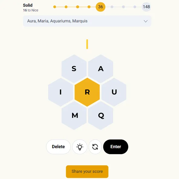 Spelling bee unlimited word list showing found words and current score progress